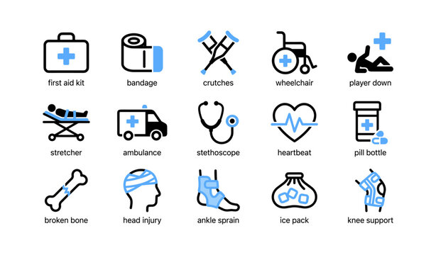 Medical and emergency icons showing first aid items on white