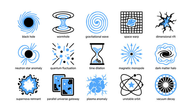 Astrophysics anomaly icons depicting space phenomena on white