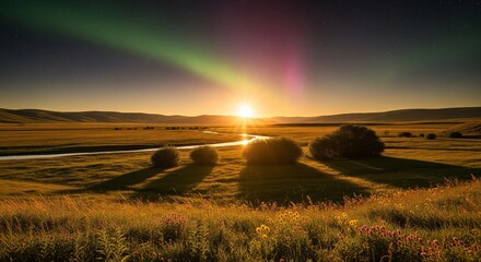 Fototapeta premium Wide green field meadow with a small river during a bright yellow sunset with a green aurora borealis northern lights in the sky