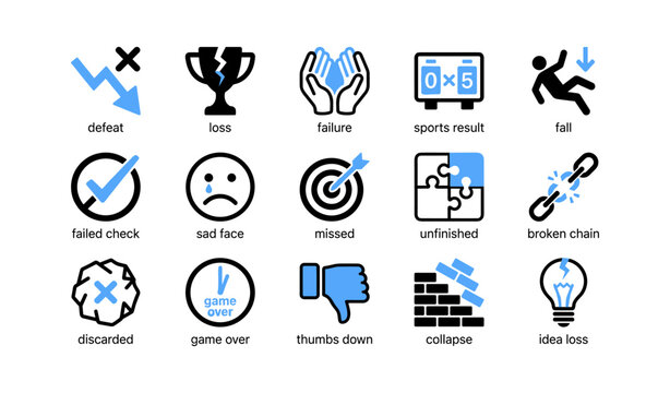 Failure and defeat icons showing loss collapse and setbacks on white