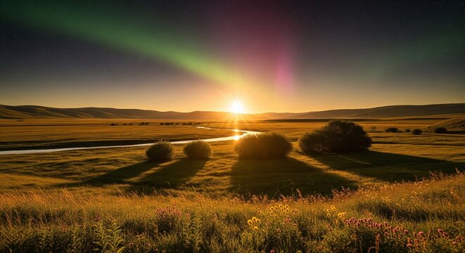 Wide green field meadow with a small river during a bright yellow sunset with a green aurora borealis northern lights in the sky