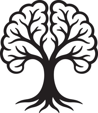 Human Brain Tree with Roots Vector Illustration - Mental Growth, Psychology, and Intelligence Concept Design Isolated on White Background for Medical Logo, Wellness Art, or Educational Branding