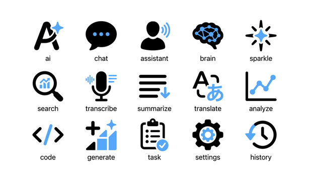 Icons representing ai assistant functions arranged on white background