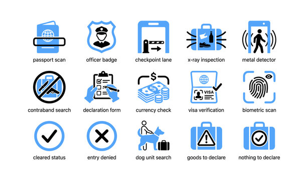 Customs and immigration icons illustrating security procedures at gate