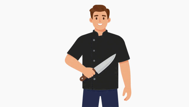 Smiling chef man in black uniform holding large kitchen knife flat cartoon vector illustration isolated on white background