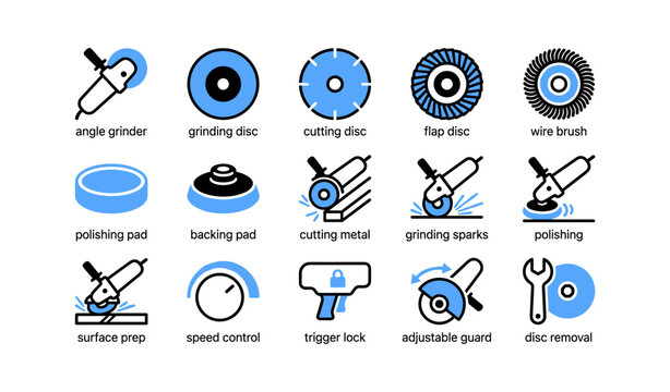 Angle grinder and disc tool icons arranged on white background