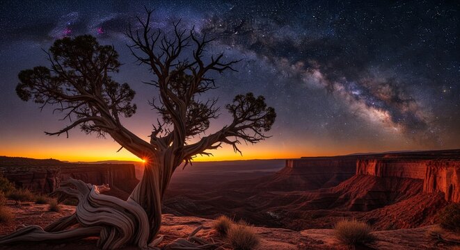 An old, twisted gnarled tree standing on the edge of a deep canyon desert under a bright starry night sky and golden sunset light.
