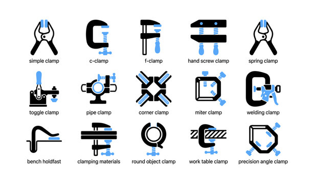 Clamping tool icons showing different clamp types on white background
