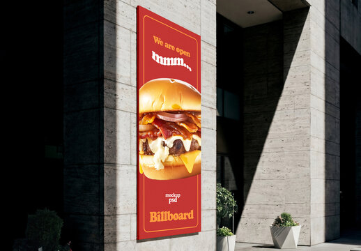Outdoor Vertical Billboard on Building Wall Mockup