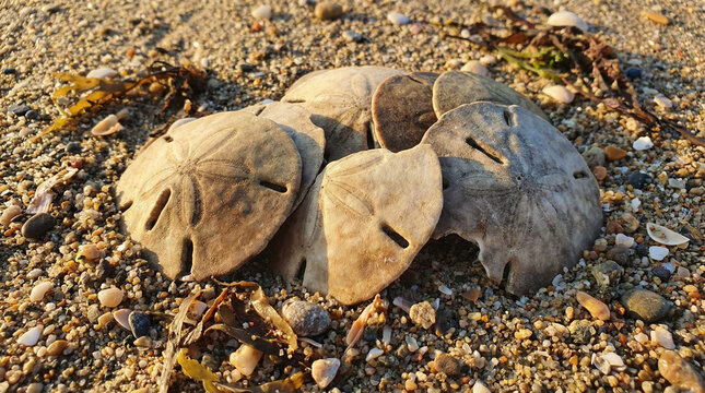 Authentic Sand Dollar Collection Textured Beach Surface. Rustic macro composition of weathered sand dollars arranged on natural sandy beach texture, warm earthy tones