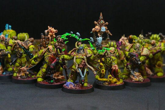 DAUGAVPILS, LATVIA - JUNE 9, 2026: Warhammer 40,000 Death Guard Chaos Space Marines Army Painted Miniatures