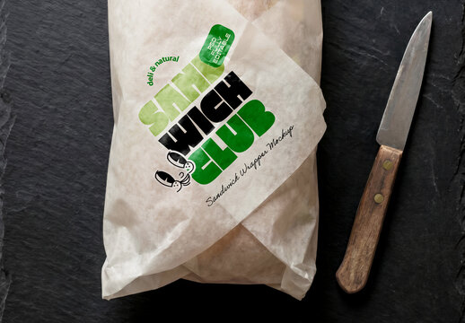 Sandwich Paper Bag Flat Lay with Knife Mockup