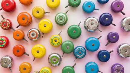 Fototapeta premium Colorful Bicycle Bells Collection on Pastel Background. Vibrant overhead arrangement of retro bike bells in rainbow colors on soft pink gradient, cheerful energy