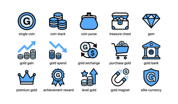 Gold currency and reward icon set displayed on white grid