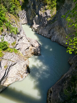 germany, breathtaking rocky valley panorama above lech river surrounded by forest and crystal clear summer atmosphere