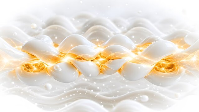 Bose-Einstein condensate matter wave concept, conceptual 3D rendering of quantum physics and atomic cohesion in minimalist white ceramic and golden light style
