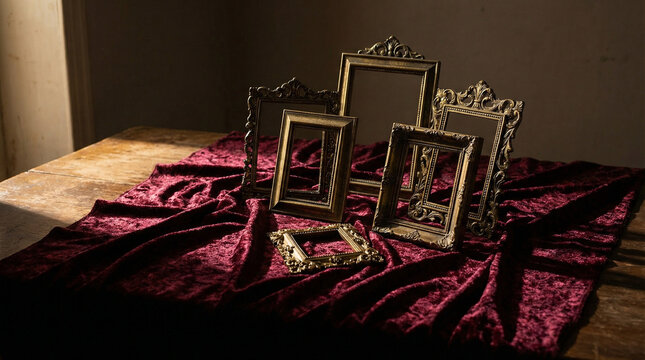 Vintage Family Photo Frames with Dramatic Chiaroscuro Lighting. Artistic arrangement of empty antique brass photo frames on velvet fabric, dramatic side lighting creating deep shadows, nostalgic mood