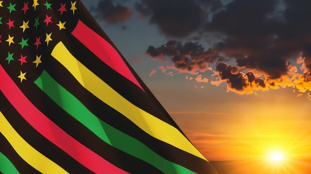 Alternative Juneteenth Flag with sunrise or sunset. Since 1865. Design of Banner with place for text. Video concept.
