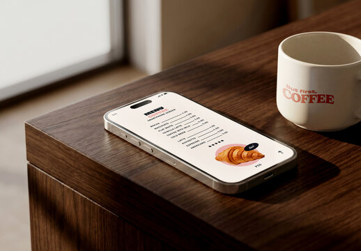 Smartphone Flat Lay on Dark Desk with Coffee Mockup