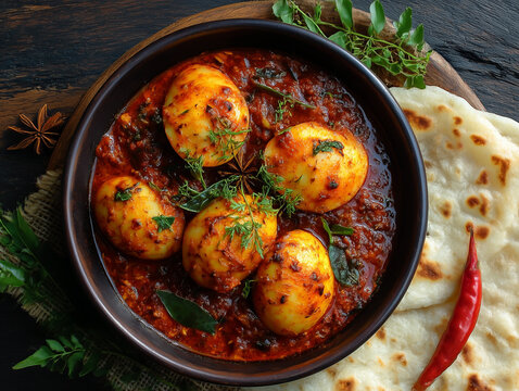 Spicy egg masala curry with naan bread and star anise
