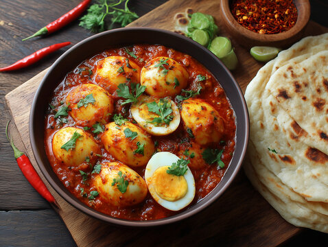 Spicy egg curry with naan bread and chili peppers