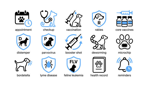 Veterinary and vaccination icons displayed in a grid on white