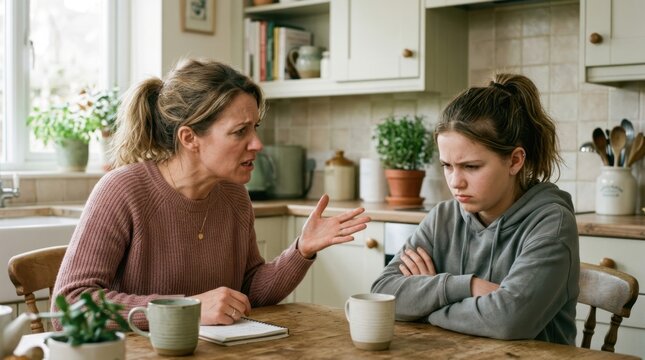 Mother scolding her teenage daughter at the kitchen table during a difficult conversation