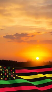 Alternative Juneteenth Flag with sunrise or sunset. Since 1865. Design of Banner with place for text. Vertical video for social media and stories.