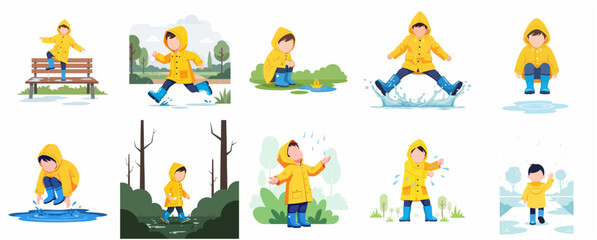 Fototapeta premium Set of cute child character illustrations in yellow raincoat and blue boots playing in the rain and jumping in puddles