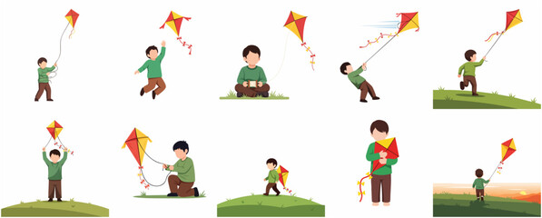 Fototapeta premium Set of various poses of a boy flying a kite, kid playing with kite outdoors flat vector illustration.