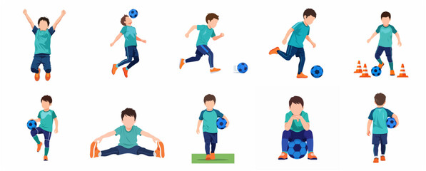 Fototapeta premium Little Boy Soccer Player Illustration Set, Kid Footballer in Various Action Poses Including Dribbling, Kicking, Stretching, and Goal Celebration