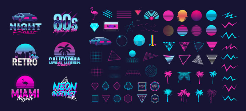 6 Retro neon logo templates and 70 trendy elements to create your own design. Design elements for t-shirt, banner, poster, cover, badge, logo and label. Vector illustration