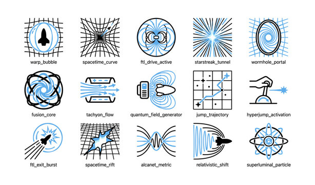 Space travel icons illustrating warp, wormhole and propulsion