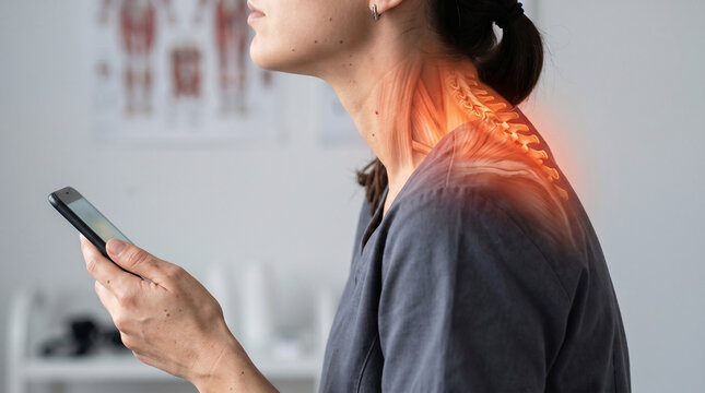 Woman with neck pain from smartphone in the morning