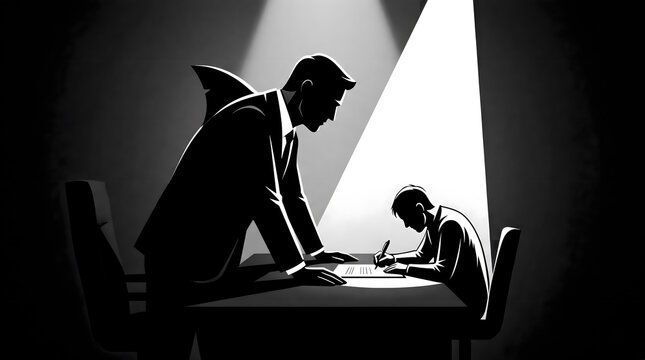 shark businessman intimidates employee signing contract