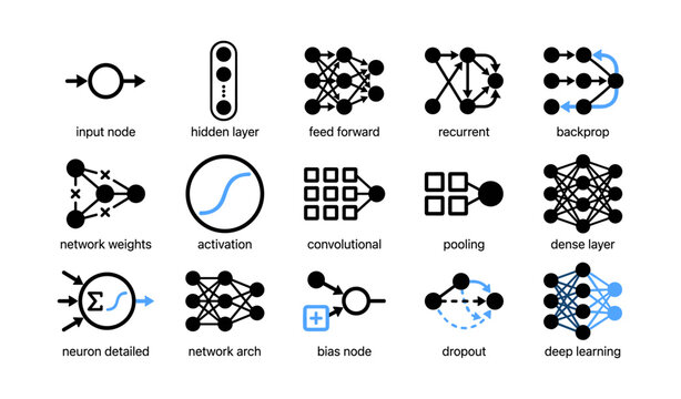 Neural network icons illustrating layers and training concepts