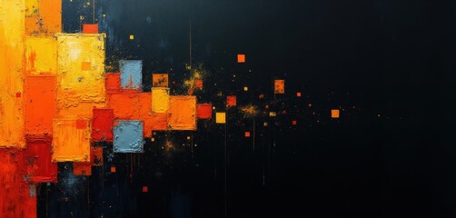 Naklejka premium Abstract squares in warm colors pop against dark background. Textured art with bright strokes and scattered elements creates dynamic modern composition for decor.
