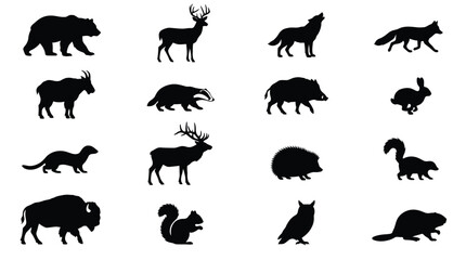 Obraz premium Black vector illustration set featuring various wild forest animals in clean silhouette graphic design style