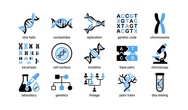 Genetics and dna icons arranged in grid on white background