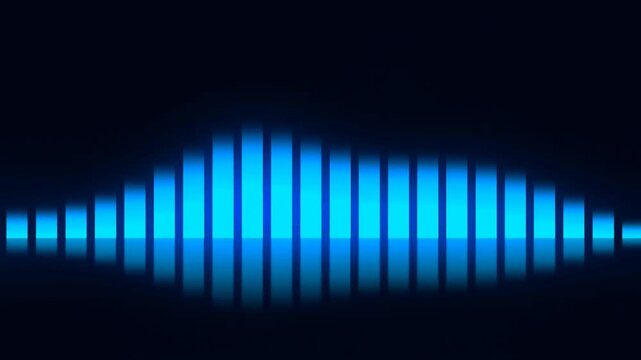 Static shot of audio equalizer bars pulsing and shifting horizontally with mirrored reflection on dark studio background