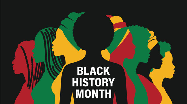 Vibrant vector illustration featuring diverse silhouettes of women celebrating black history month with bold colorful patterns