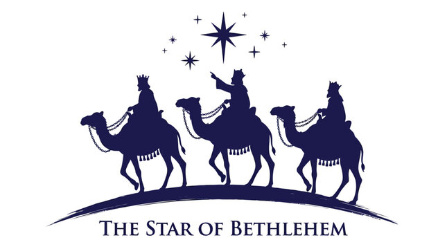Flat blue vector illustration showing three wise men riding camels beneath the bright Christmas star