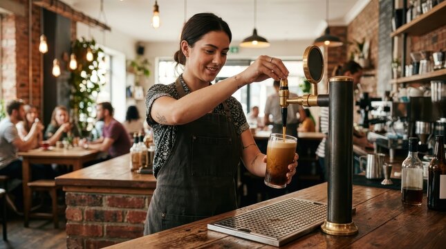 Professional Barista Serving Refreshing Nitro Cold Brew Coffee In A Modern Cafe Setting