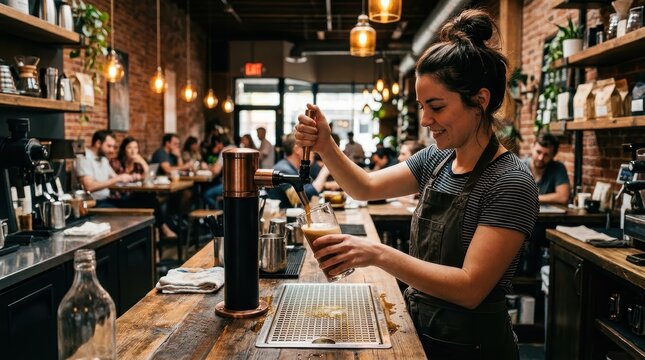 Professional Barista Pouring Refreshing Cold Brew Coffee Into A Glass At A Modern Cafe Counter
