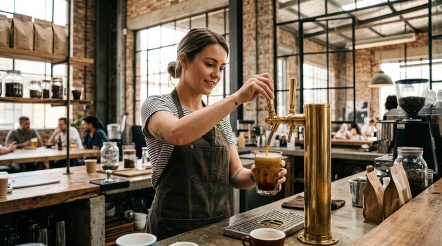 Barista Pouring Nitro Cold Brew Coffee Into A Glass, Crafting A Refreshing Beverage In A Modern Cafe Setting