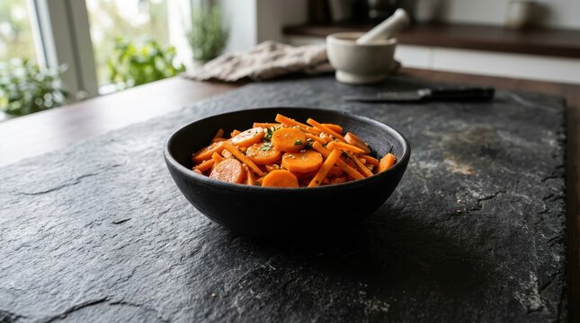 Fresh Orange Carrots In A Sleek Black Bowl, Ready For Healthy Eating And Cooking.