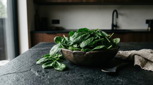 Vibrant Green Spinach Leaves Overflowing From A Rustic Ceramic Bowl, Showcasing Freshness And Healthy Eating.