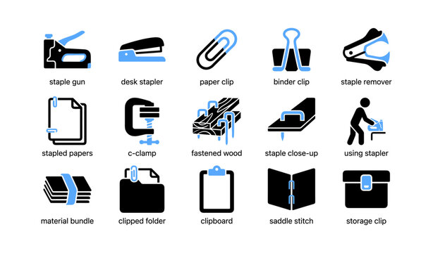 Office fastening and stapling icons displayed in grid arrangement