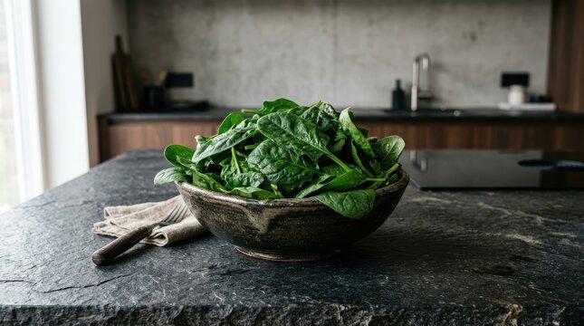 Vibrant Green Spinach Overflowing From A Rustic Bowl, Showcasing Fresh Ingredients For A Healthy Meal