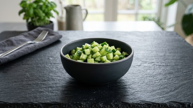Freshly Diced Green Cucumber In A White Bowl, Ready For A Healthy Meal Or Salad Preparation